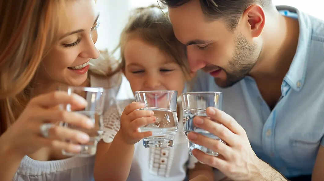 Familia brindando con vasos de agua